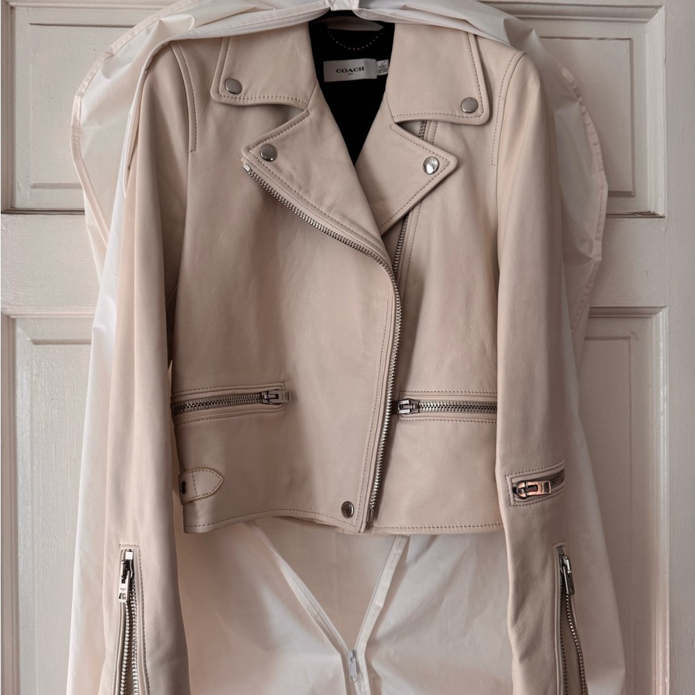 Coach Women's Beige Leather Jacket with Silver Accents
